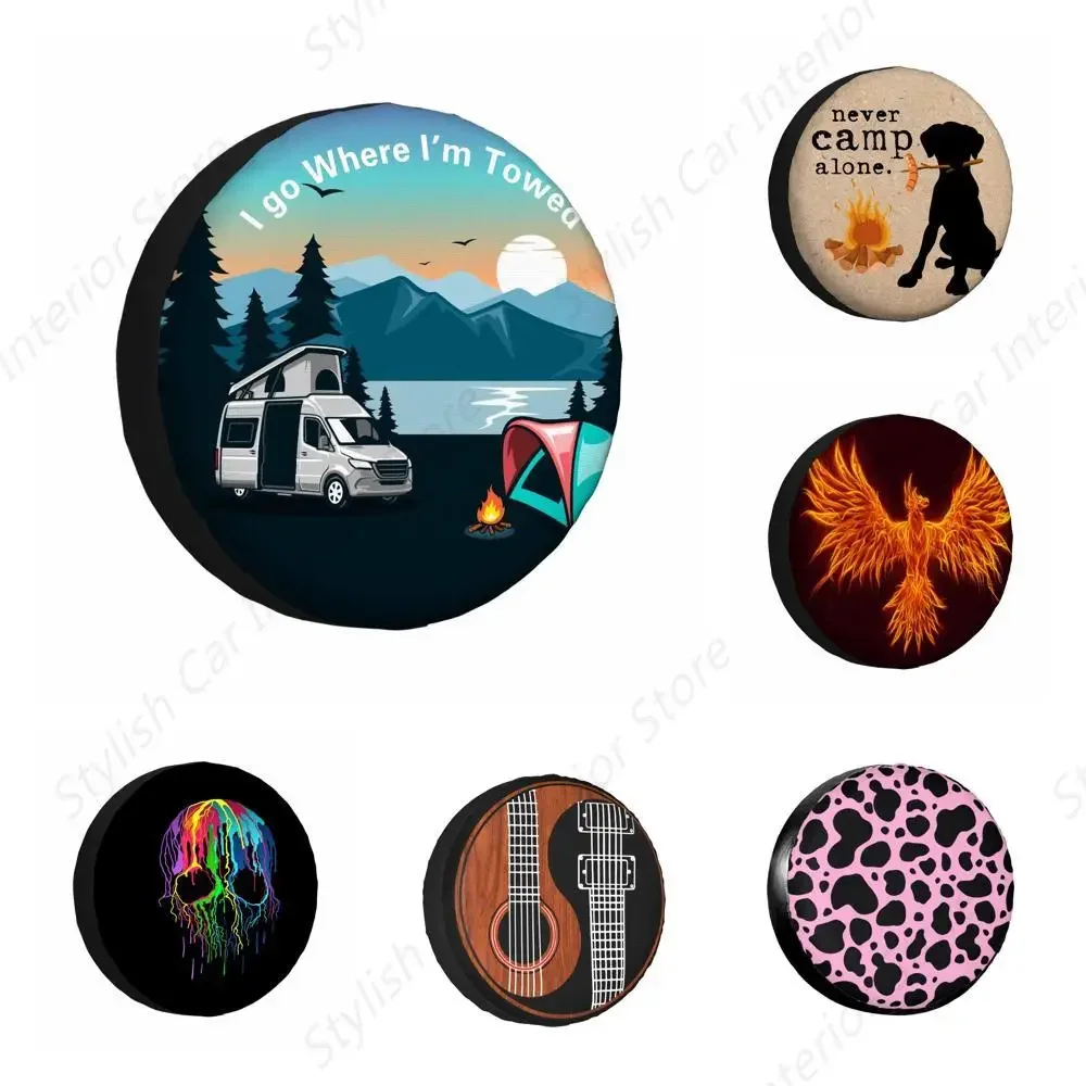 

I Go Where I'm Towed Spare Tire Cover Tent Campfire Caravan Outdoor Tourism Pine Trees River Weatherproof Universal