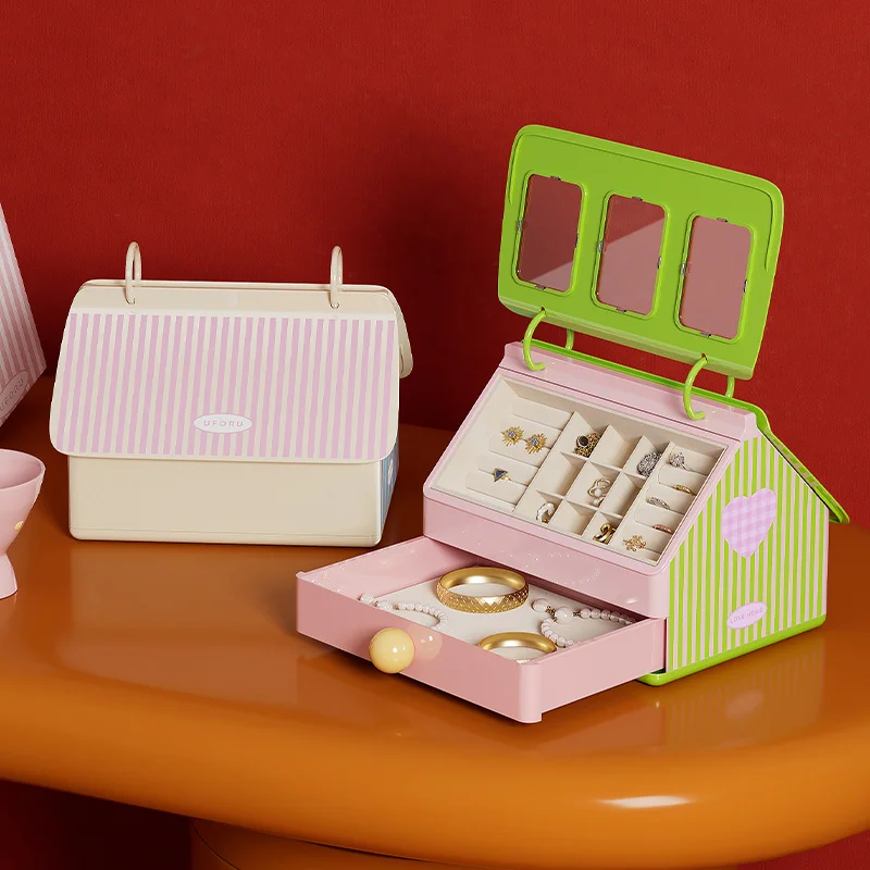 Cute House Shaped Jewelry Box Multi Grid Jewellery Organizer Drawer Dustproof Transparent Window Ring Earring Necklace Storage