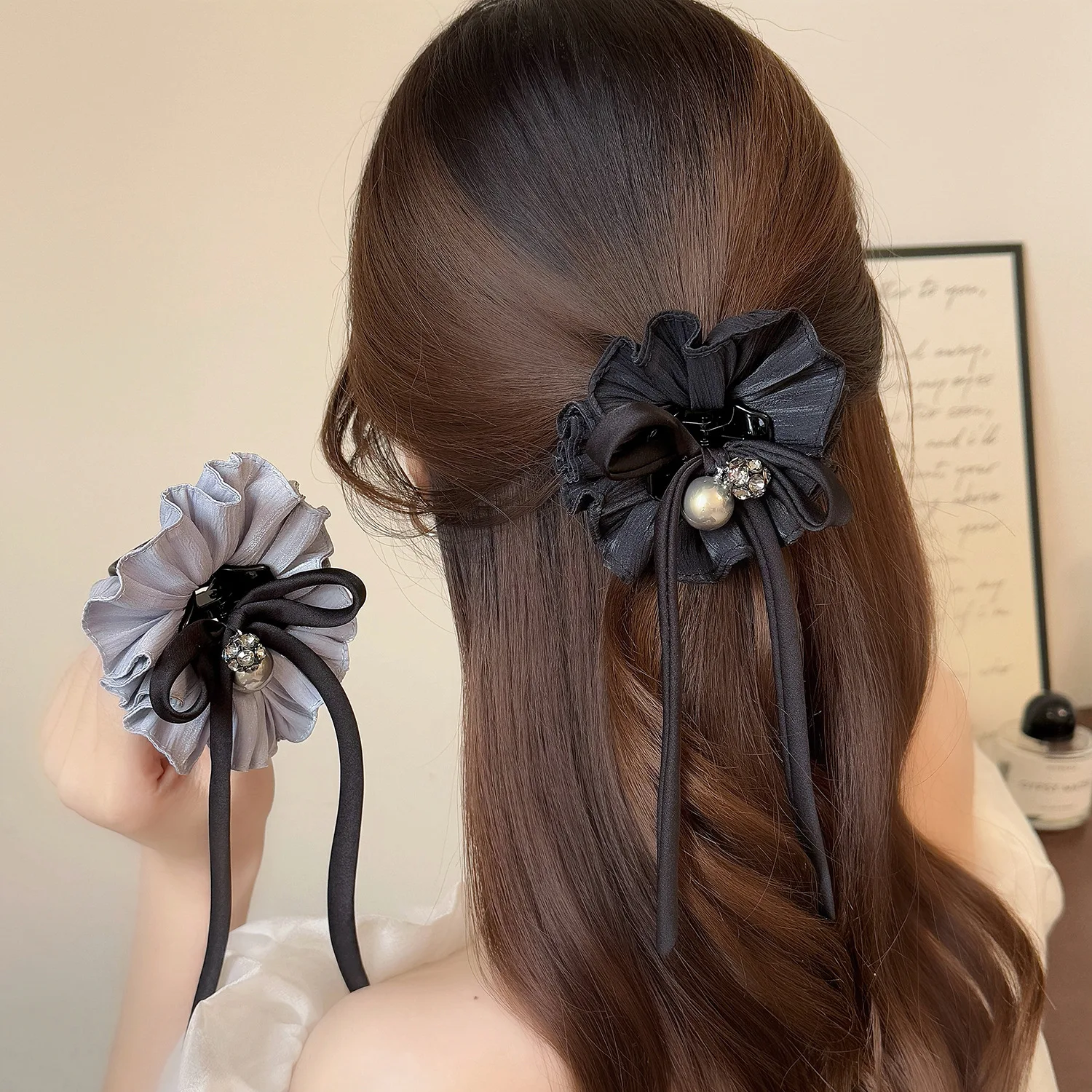 진주 리본 태슬 주름 원단 헤어 로프 여성용 우아한 심플 헤어 로프 패션 소녀 머리카락 손상 없음