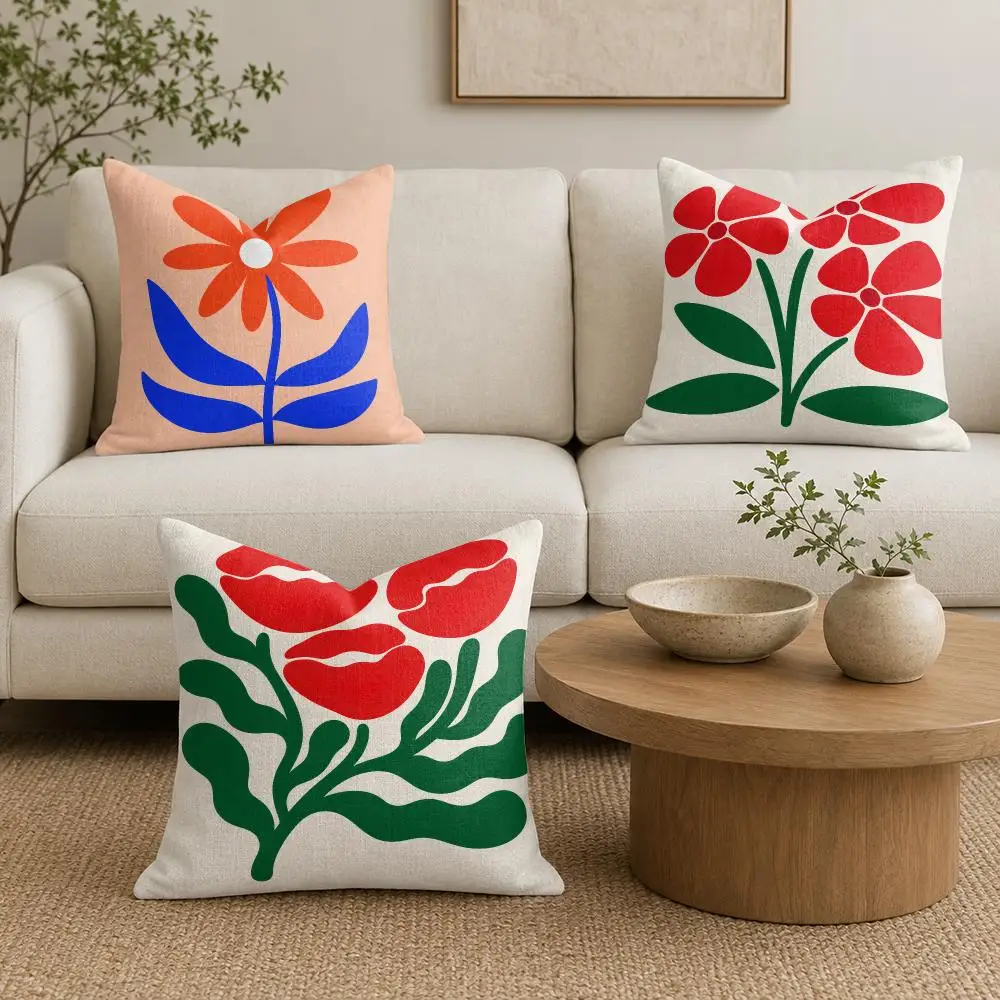 Dopamine Flower Cushion Cover Linen Double-Sided Printed Pillow Case for Sofa Couch Bedroom Living Room