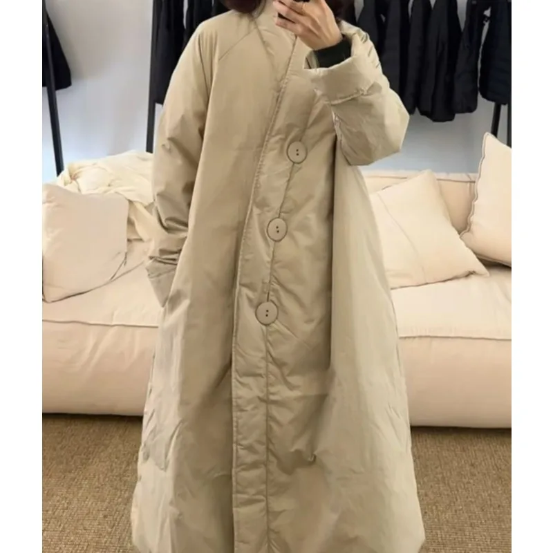 2026 Neuer mittellanger, warmer, lässiger Wintermantel mit lockerem, elegantem, knielangem Design im chinesischen Stil aus Daunenbaumwolle für Damen