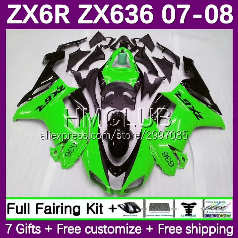 Fairing Kit For KAWASAKI NINJA ZX 6R 600 636 6 R ZX636 ZX6R 07 08 101No.185 green stock ZX-636 ZX600 600CC ZX-6R 2007 2008 Body