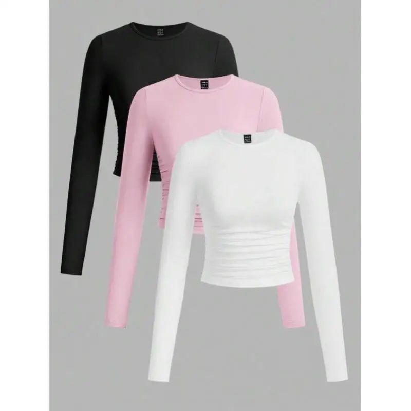 

Autumn New Tee-piece Set Casual Long Round-ne Pleated Women's T-irt Pure Color Ciwalk Seven-sve PU Leather Top