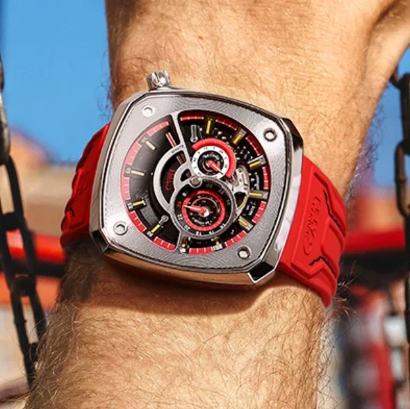 BONEST GATTI Men Automatic Watch Square Mechanical Wristwatch Waterproof Sapphire Luminous 24 Hours Skeleton Dial FKM Strap