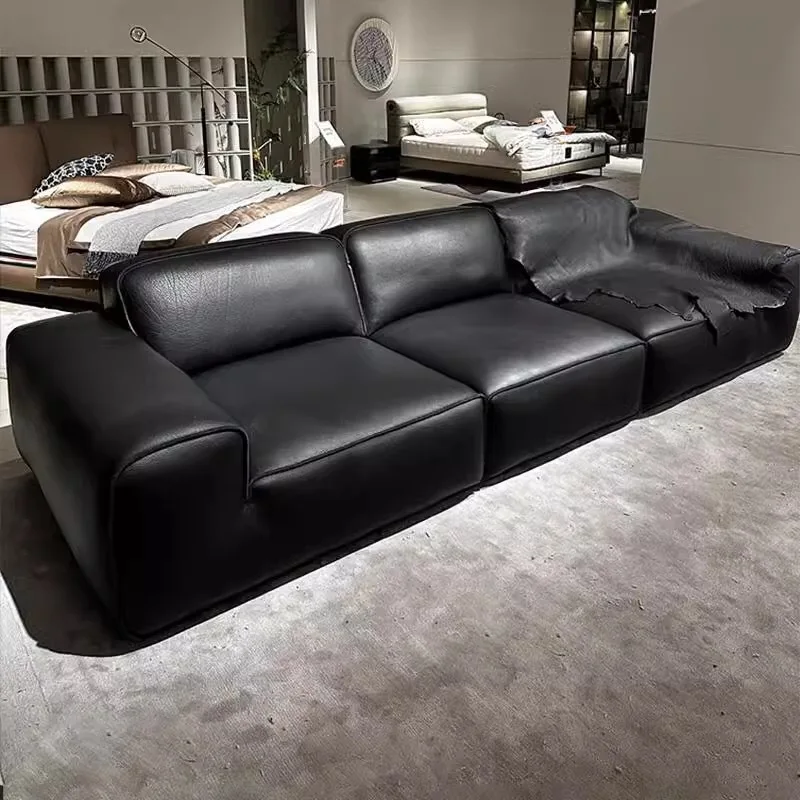 Sofa retro tofu block all leather straight row three first layer cowhide living room furniture