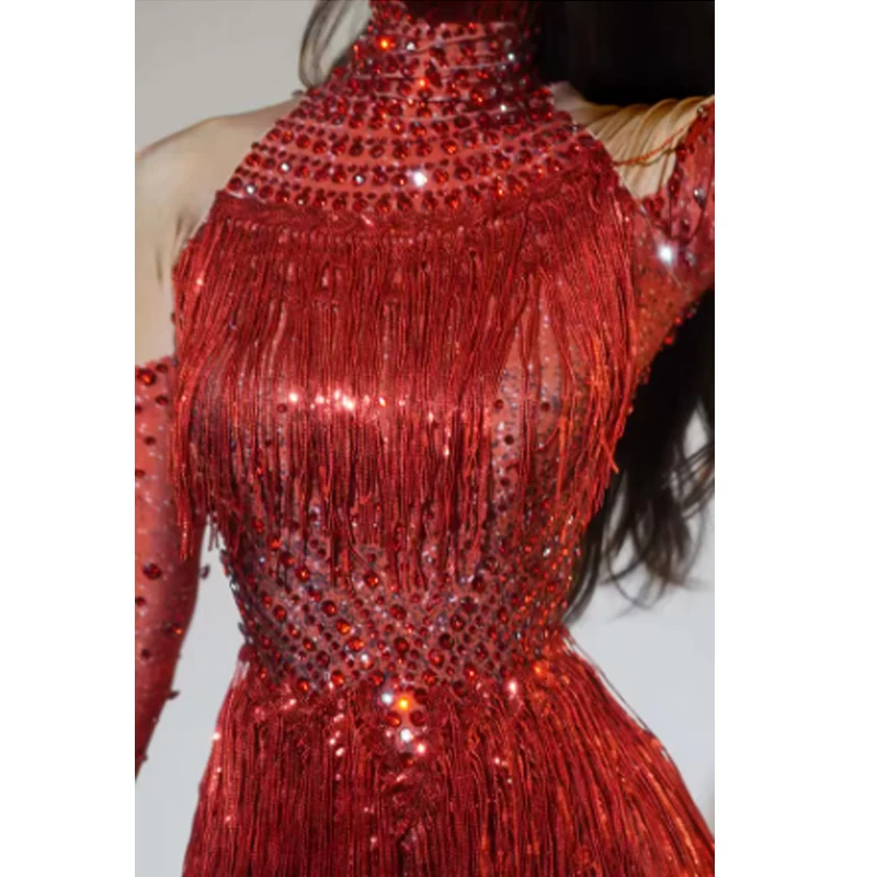 Body Sexy para actuación en escenario para mujer, leotardo de manga larga de LICRA con borlas y diamantes de imitación brillantes para espectáculo de danza Jazz