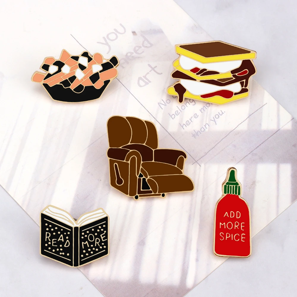 Free Time Enamel Pins Leisure Sofa Reading Book Brooch Salad Hamburger Add More Spices Lapel Pin Happy Life Symbol Badge Jewelry