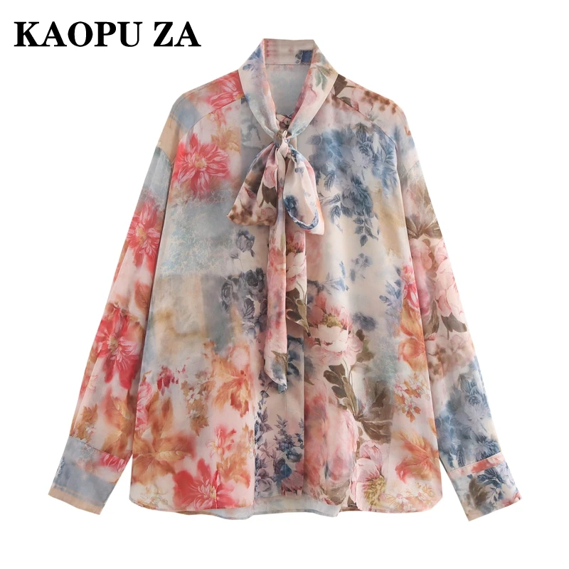 

KAOPU ZA 2024 Summer Women's Casual Versatile Polo Collar Printed Knot Shirt Top Ladies Fashion Long Sleeved Single Breasted Blo