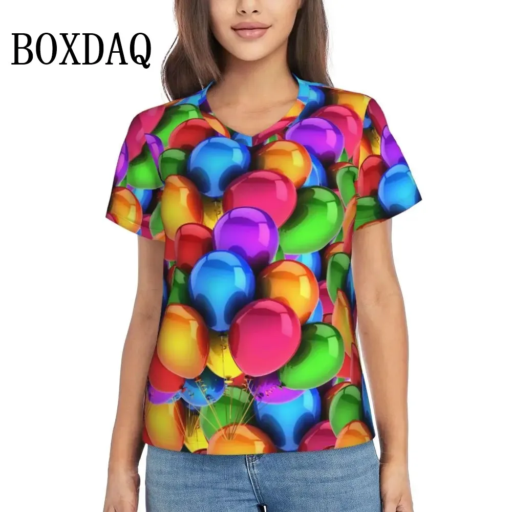 Rainbow Balloon Dogs Print T Shirt Female Summer V-Neck T Shirts Short Sleeve Street Fashion Shirt Women Cute Graphic Kawaii Top