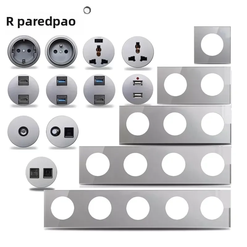 Enchufe de Pared Europeo Francés de Vidrio Gris con Cargador USB, Datos CAT6, HDMI, TV, Módulos de Tomacorriente Universales, Combinación Wallpad L6