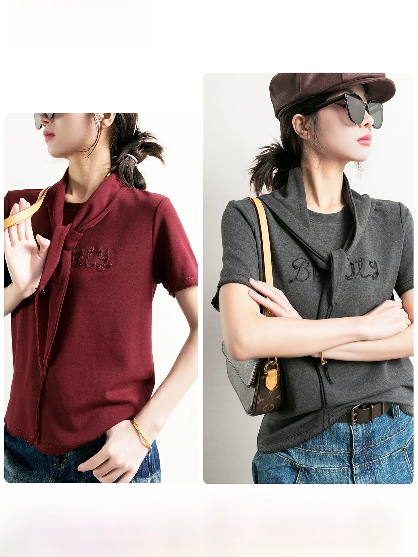 

Tidepa Early Autumn Thiened Eco-Friendly Wood Fiber Tassel Scarf Letter ort Sve Women's T-irt Simple Faion Ladies'...