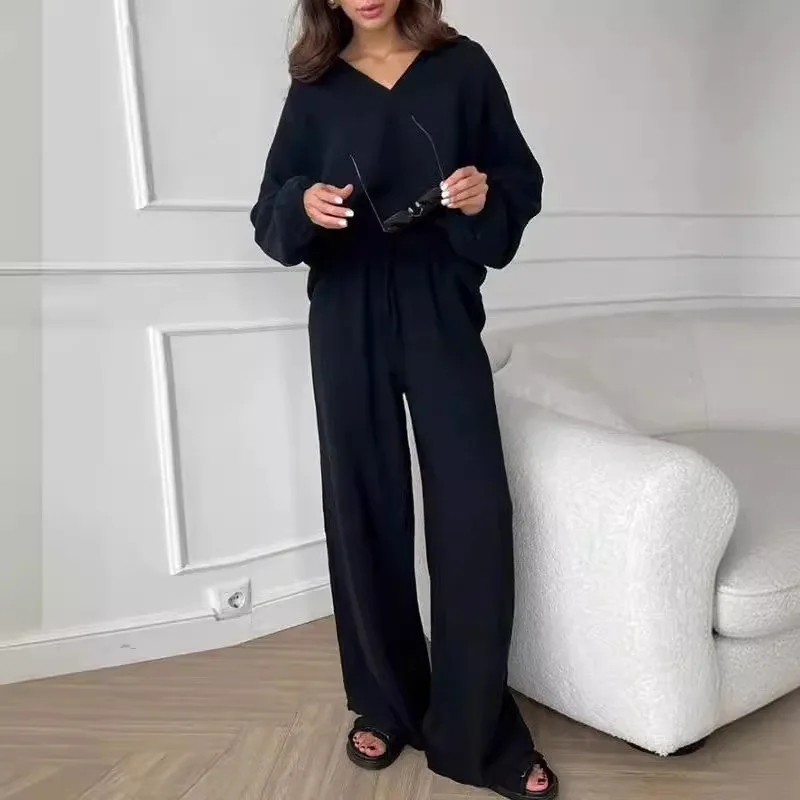 Casual Long Sleeve Tops And Pant Sets Women 2024 Fashion V Neck Shirts Wide Leg Pants New In 2 Piece Sets Women Outfit Elegant