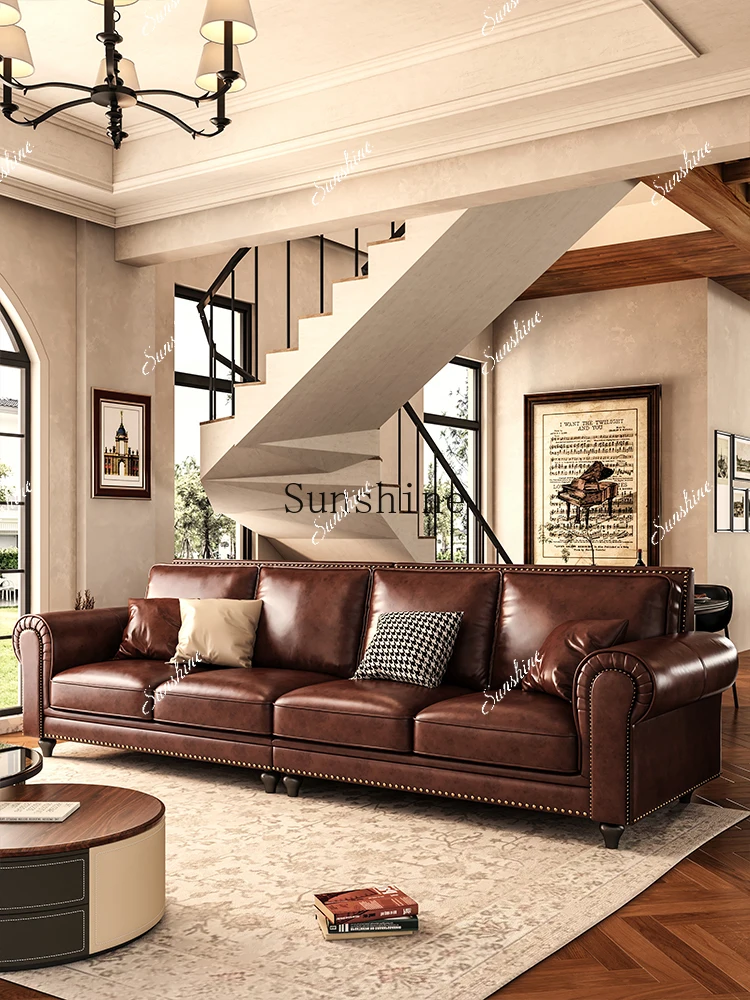 American oil wax leather brown sofa retro villa living room furniture  FT