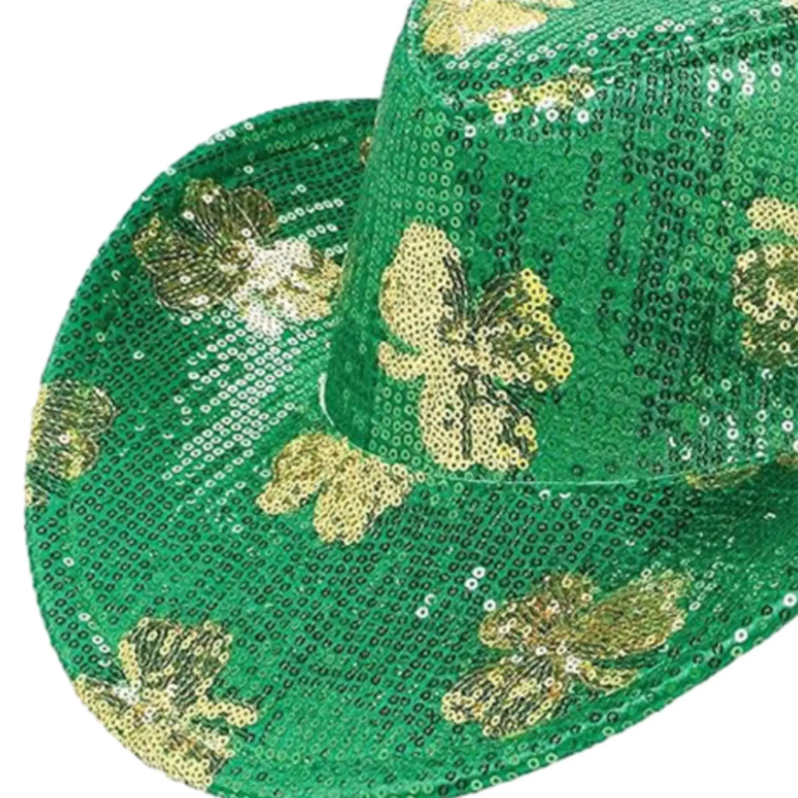 St Patrick Day Cowboy Hat Green Sequin Glitter Western Cowgirl Costume for Adults Unisex Halloween Party Prop Wide Brim Fancy