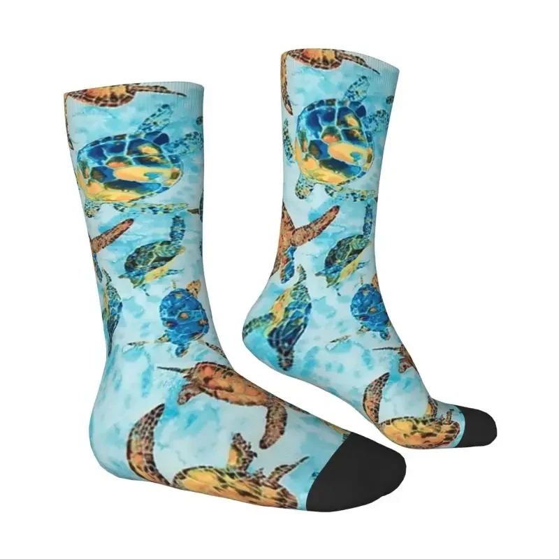 Y2K Novelty Mens Watercolor Turtles Pattern Dress Unisex Breathbale Warm 3D Printing Ocean Lover Crew Socks