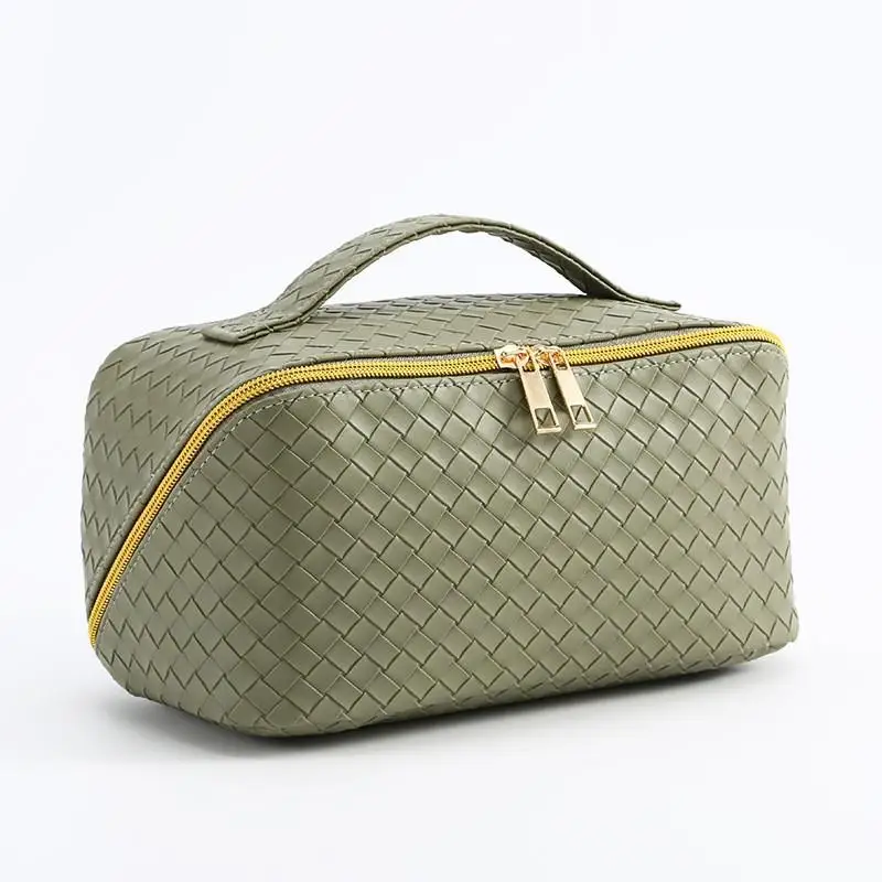 Large Capacity Cosmetic Bag Ladies Cosmetics Storage Korean Waterproof Pu Woven Plaid Embossed Wash Bag Travel Wash Bag