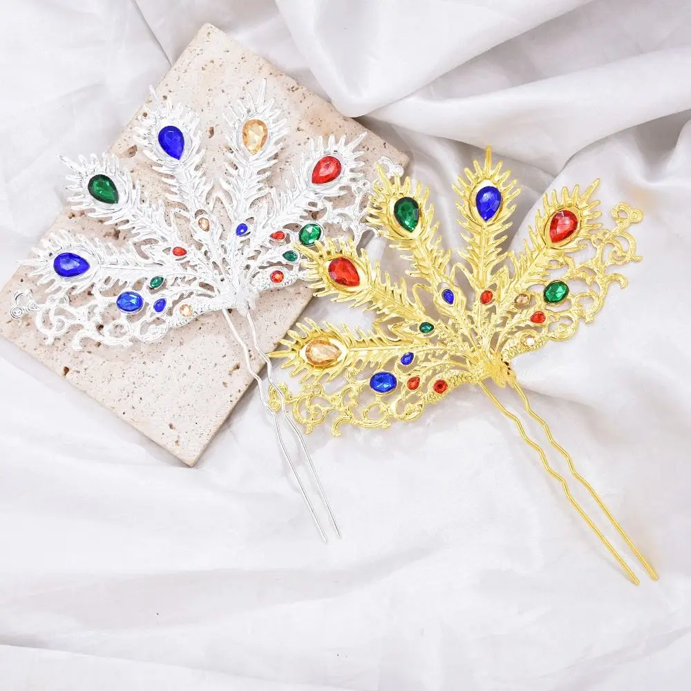 

Золотая тайская металлическая заколка для волос в форме листьев, с разноцветными стразами, серебряная U-образная вилка для волос, головной убор в стиле Юньнань-Дай