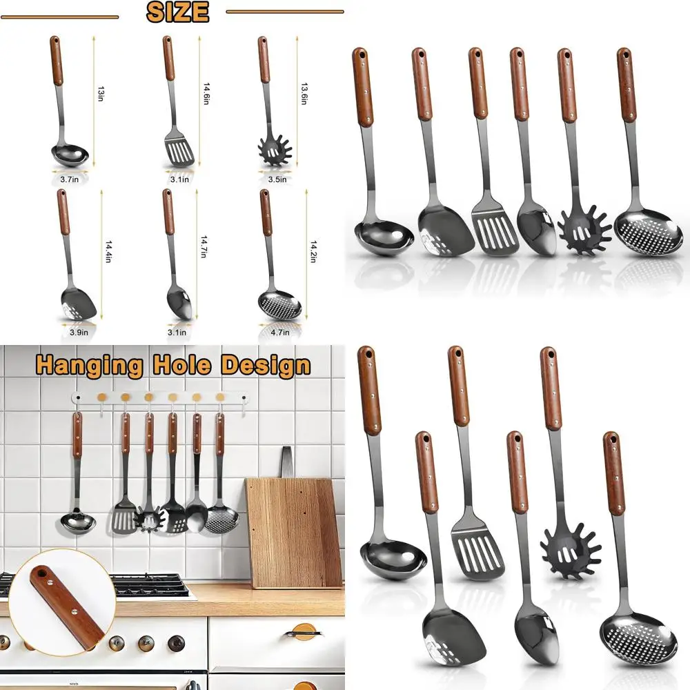 

Набор из 6 кухонных принадлежностей из нержавеющей стали с зеркальной полировкой и деревянными ручками, термостойкие инструменты для использования на кухне