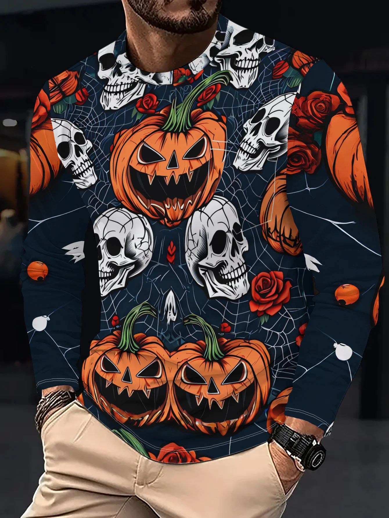 Men Long Sleeve T‑Shirt Pumpkin Skull Rose Spider Web Print Crew Neck Halloween Gothic Casual Tops