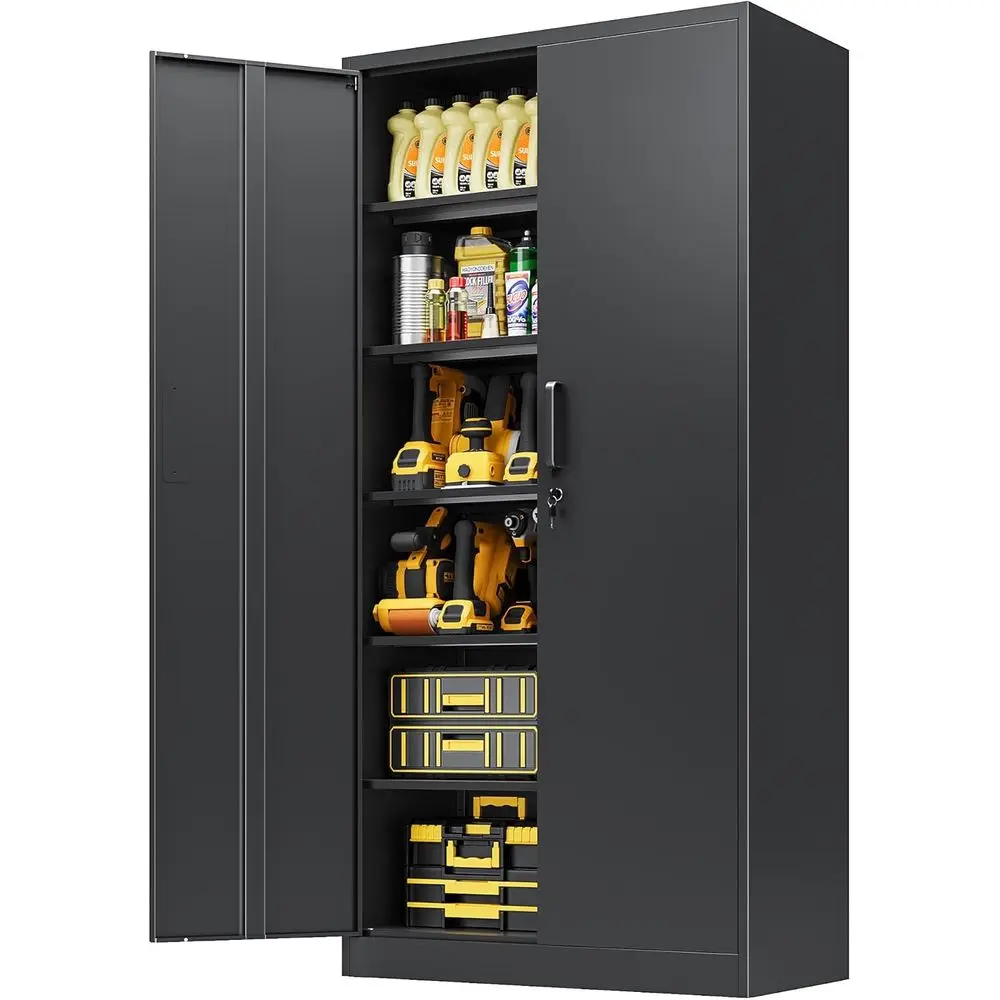 

Металлический шкаф для хранения в гараже, высокий черный шкаф с дверцами и регулируемыми полками, запираемый шкаф для инструментов для гаража, подвала, домашнего офиса
