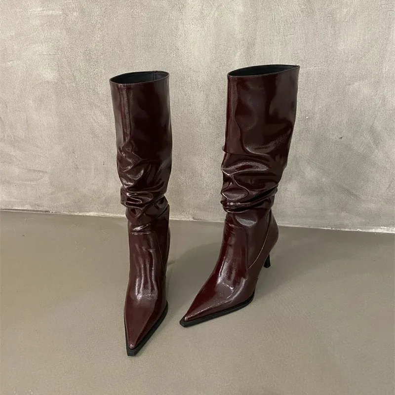 

New Women Pointed Tip Boot Fashion Stack Slouch Boots Luxury Soft Leather High Heeled Boots for Woman Designer Shoes Botas Mujer