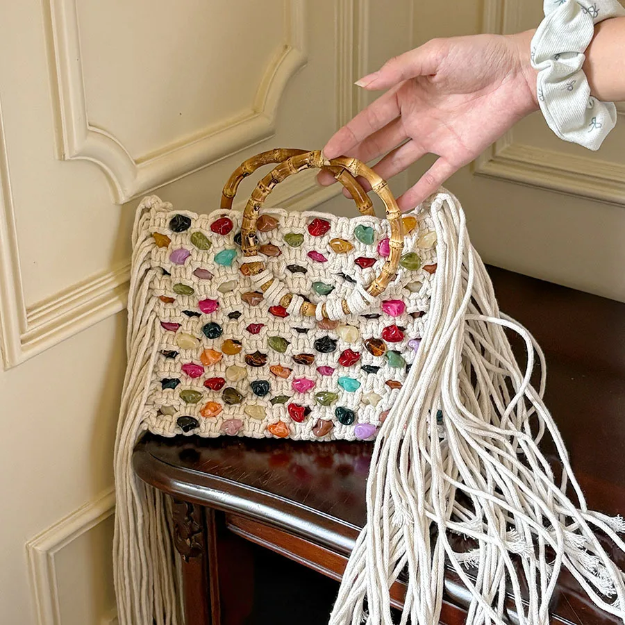 Vacation Style Handmade Woven Tassel Handbag Elegant Vintage Color Beading Rope Design Women Bamboo Circular Handle Clutch Bag