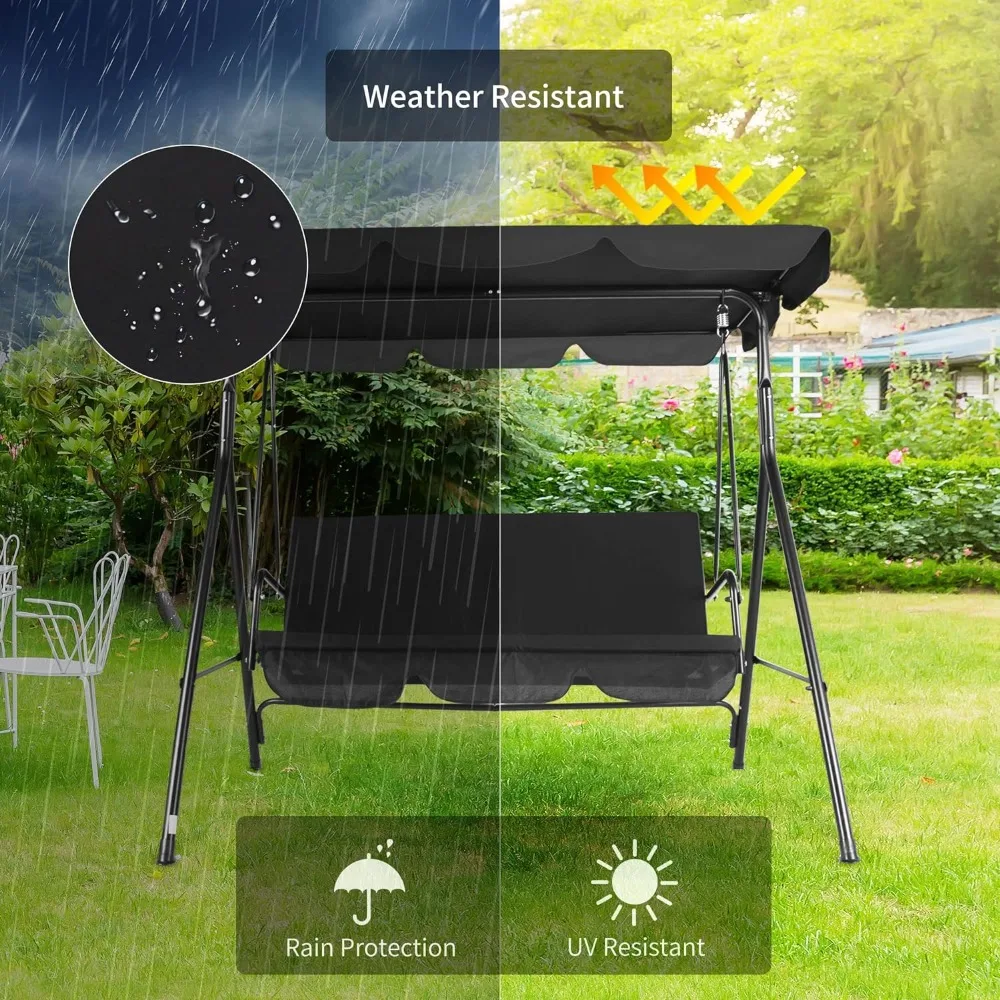 3-Seat Patio Swing Chair,Outdoor Porch Swing with Adjustable Canopy and Durable Steel Frame for Patio, Garden, Poolside (Black)