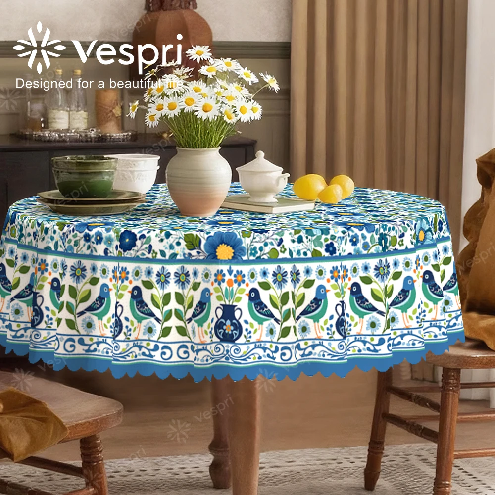Vespri Spring Tablecloth Floral Easter Blue White Flowers Birds Vases Round Rectangle Oval Polyester for Parties Festivals
