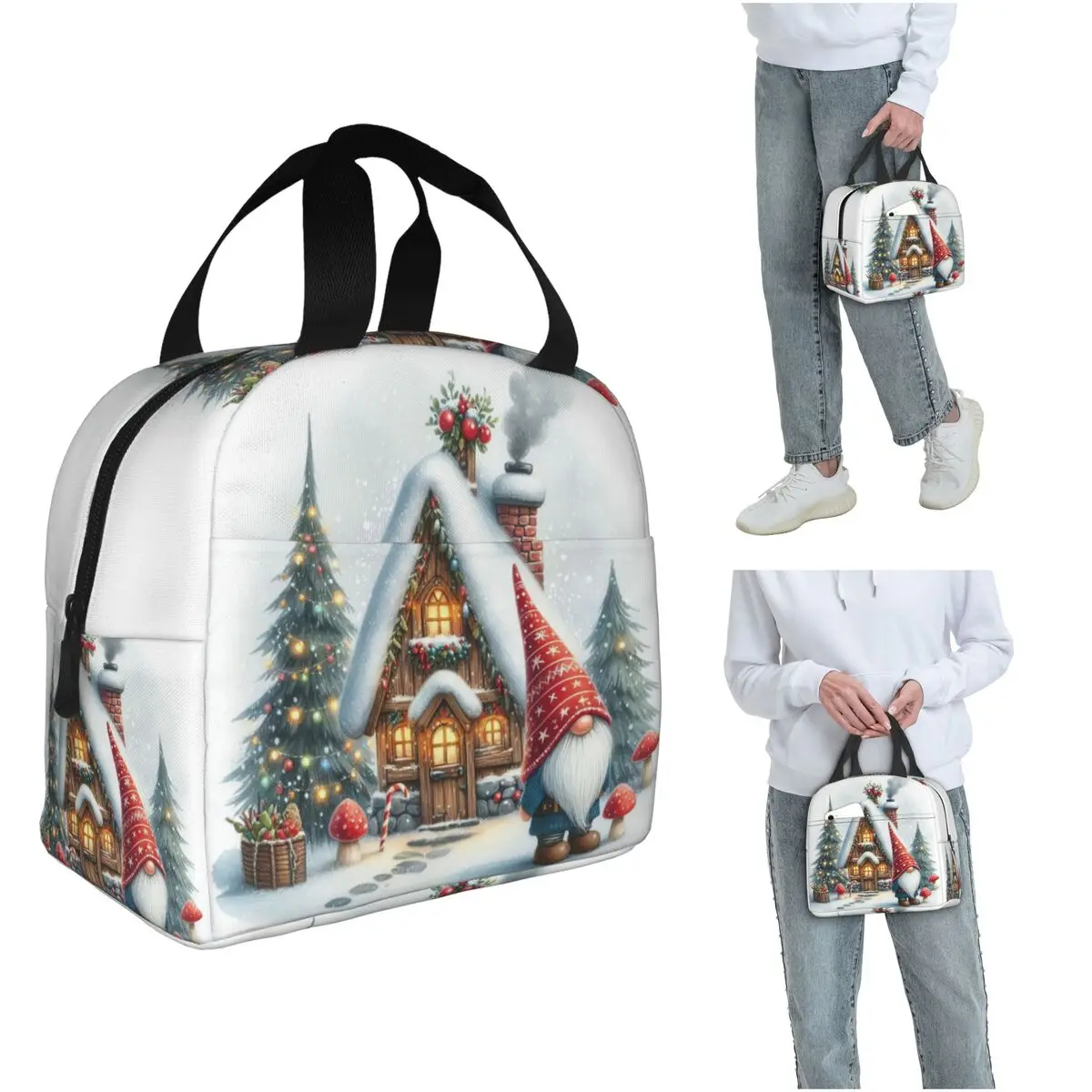 Cartoon Christmas House And Gnome Insulated Lunch Bag for Women Kids Portable Food Boxes Thermal Lunch Box Tote