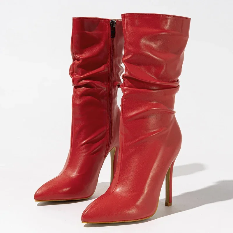 Eilyken Design Sexy Pleated Pointed Toe Zipper Women Ankle Boots Fashion Thin High Heels Stripper Modern Booties Shoes