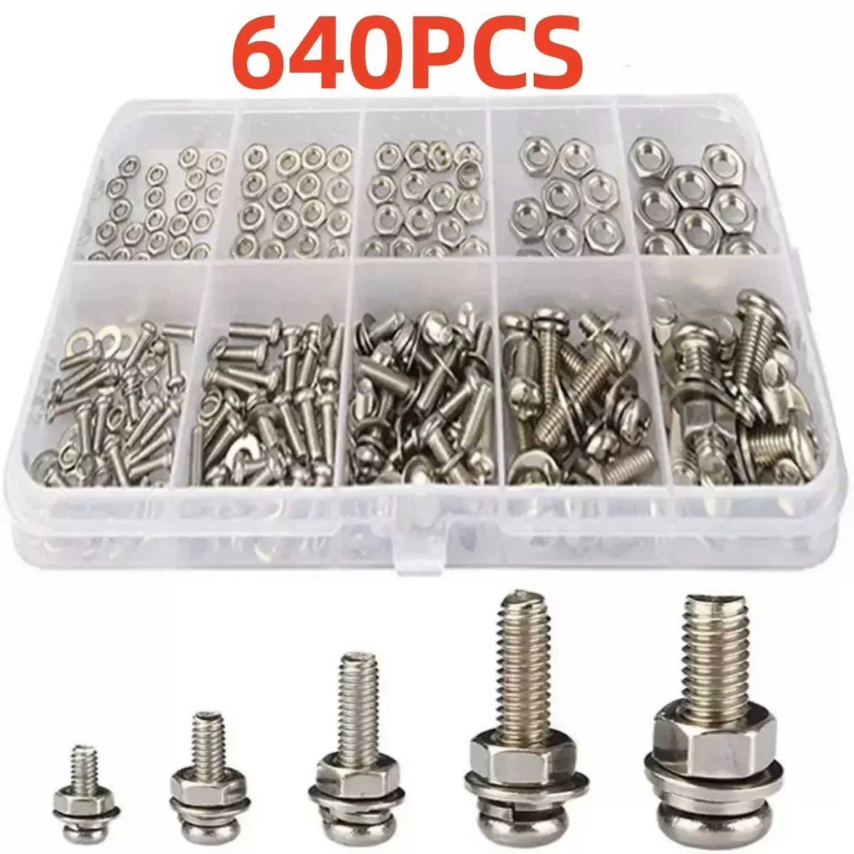 Combination Sets of Lock Nuts and Bolts, Flat Washers and Spring Washers in Sizes M2-M5 for Small and Medium-Sized Repair Jobs