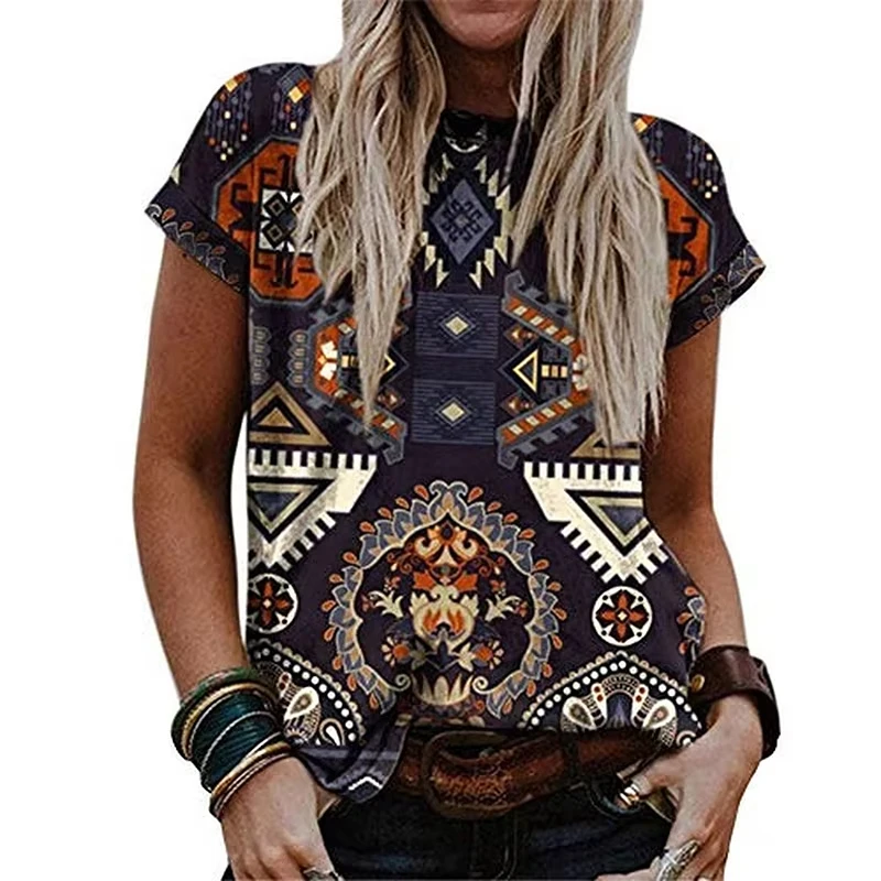 Vintage Ethnic Style T-shirt 3D Print Woman Fashion Personality T Shirts Harajuku Y2K Casual Blouse Plus Size Women Clothing New