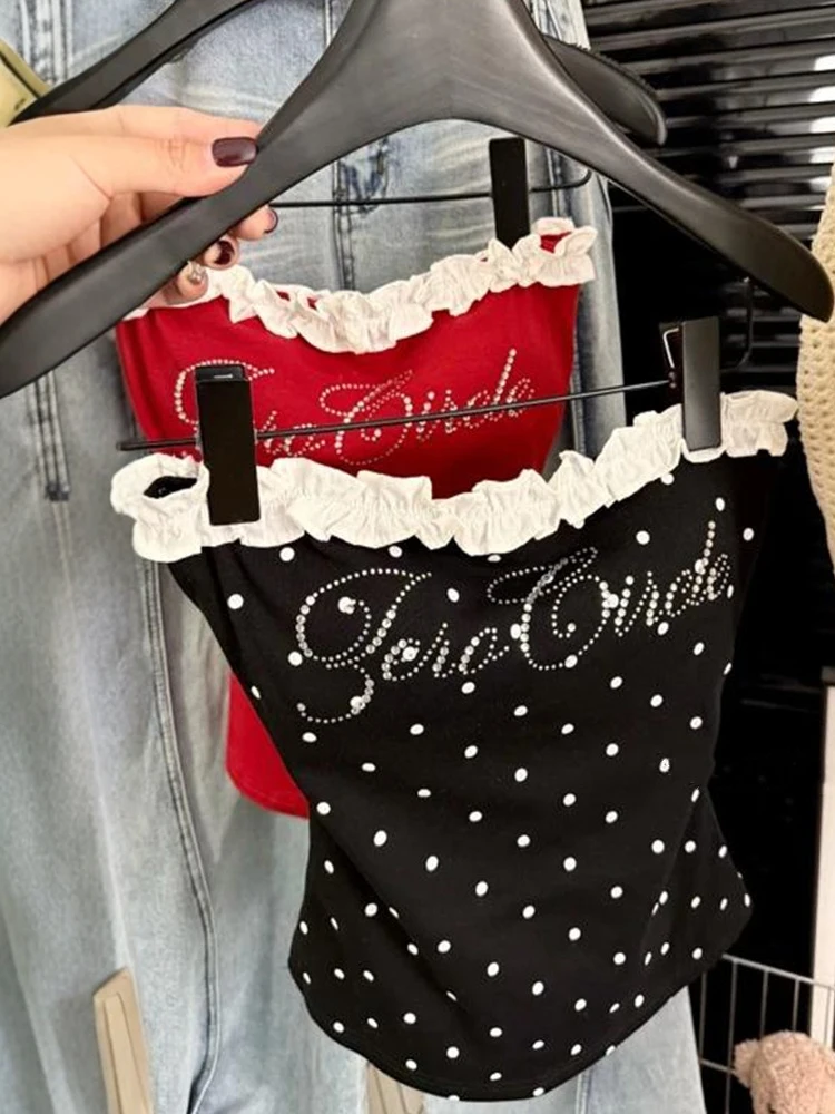 Été nouveau pur désir Sexy fille à pois à volants garniture bustier tubulaire femmes coupe ajustée ort longueur coton mélange débardeur