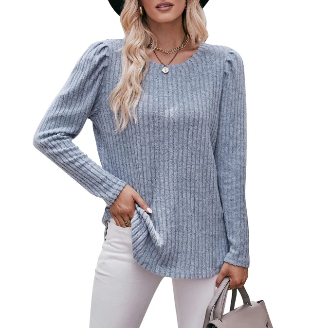 

Women's Round Neck Bubble Sleeve Brushed Pit Stripe Solid Color Top Long Sleeved T-Shirt Temperament Commuting Casual T-Shirt