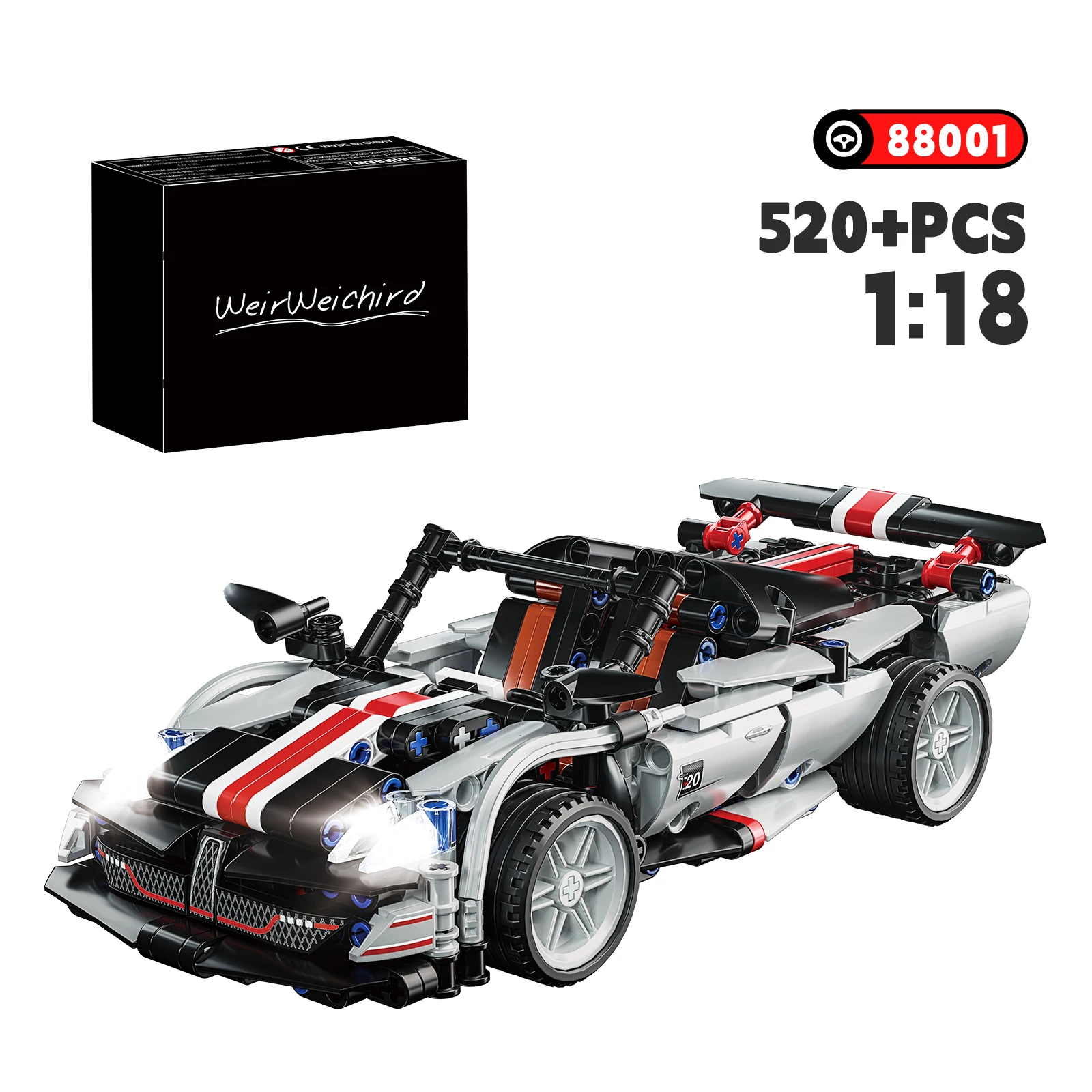 1:18 سباق نموذج 8001 اللبنات سيارة 520 + قطعة لعبة الطوب الفني مع غطاء محرك السيارة المفتوح تدوير المفاصل للأطفال 6 + الأولاد هدية #6