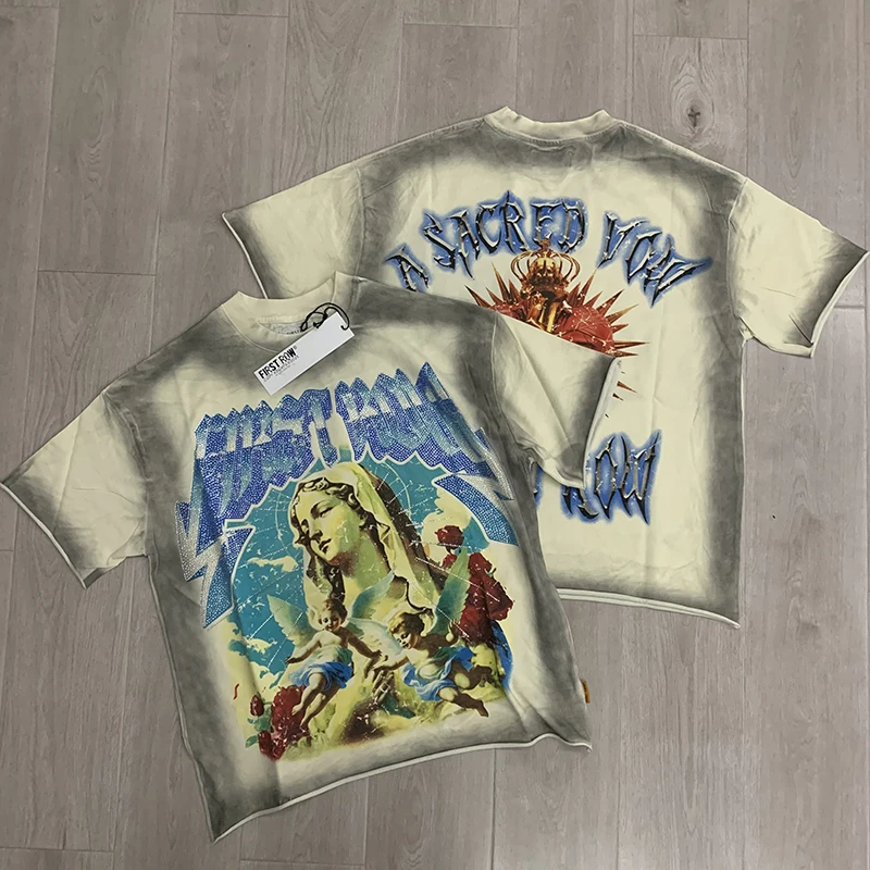 

Американский трендовый бренд, первый ряд, футболка с короткими рукавами, топы с принтом Sacred Vow Angel, уличная мужская футболка с граффити Y2K