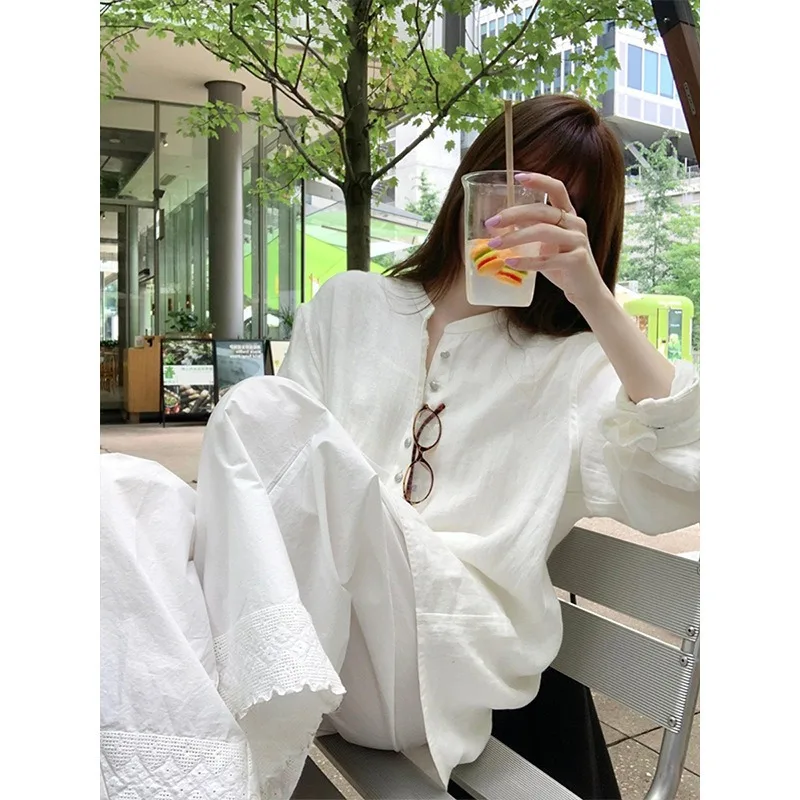 

Женский пижамный комплект в корейском стиле: минималистичный, из льна и хлопка, с длинными рукавами, кружевной отделкой, рубашка на пуговицах и брюки для дома