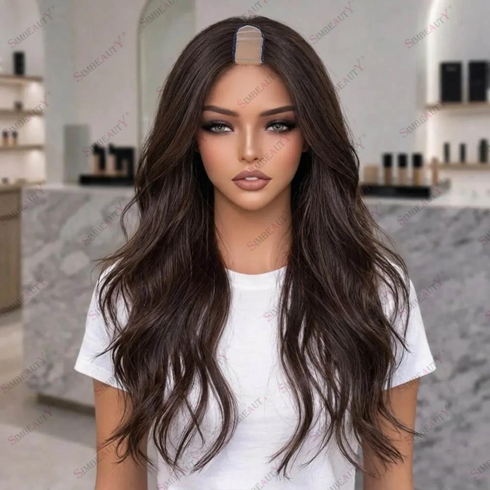 

30Inches Wavy Long Dark Brown #2 Human Hair Cheapest U Part/V Part Wig for Women Wavy Natural Hair Remy Indian Hair Machine Wig