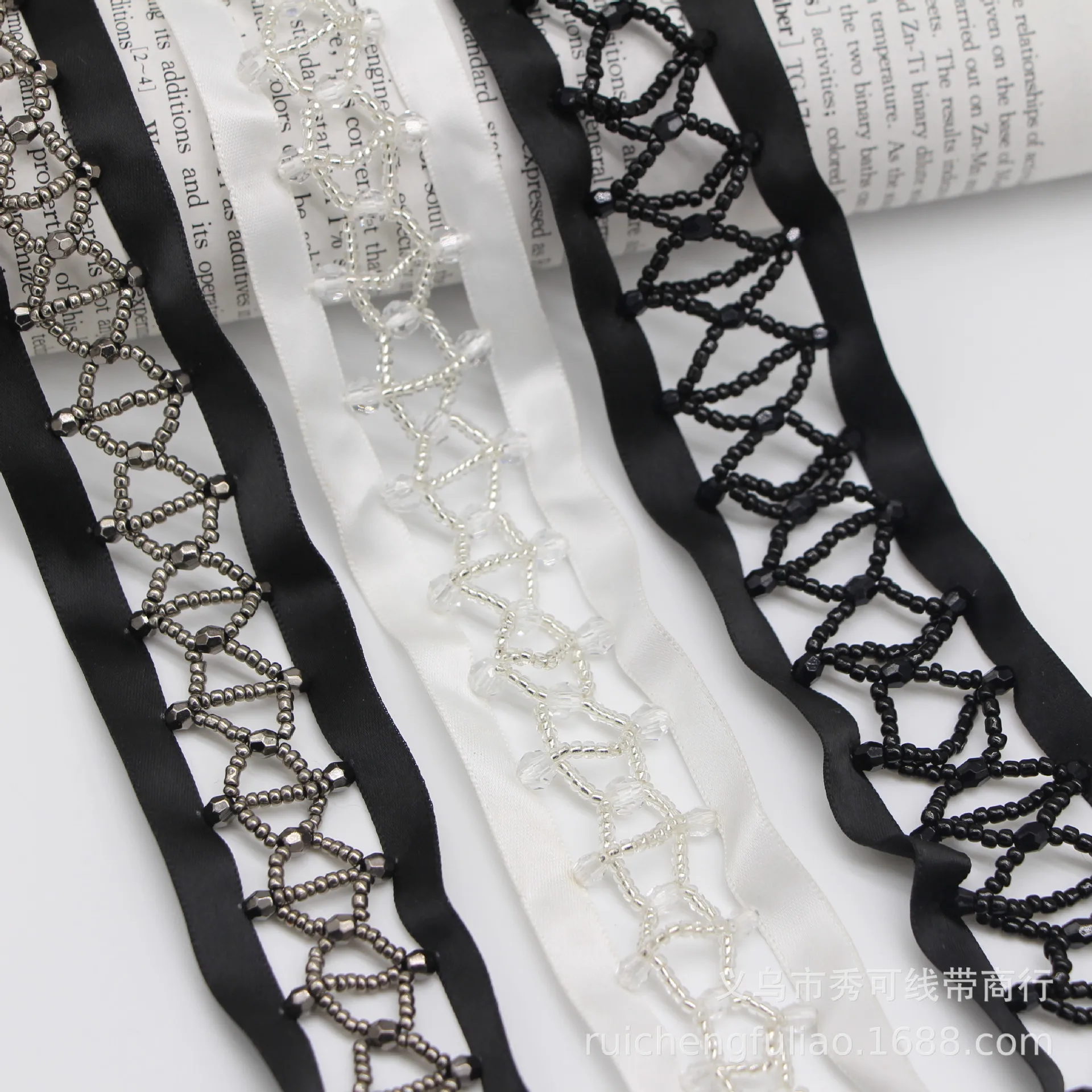 

Geometric Handmade Beaded Ribbon with Silk Thread Rice Beads Crystal and Hollow Lace Trim Clothing Front Decoration Accessories