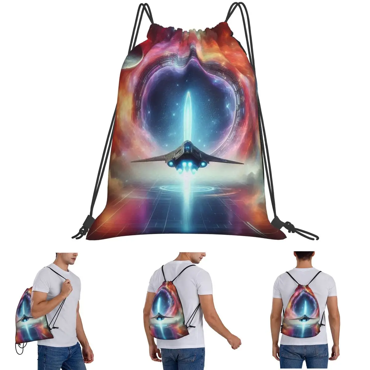 Spaceship Entering The Stargate Backpacks Casual Drawstring Bags Sundries Bag Book Bags for Travel Students
