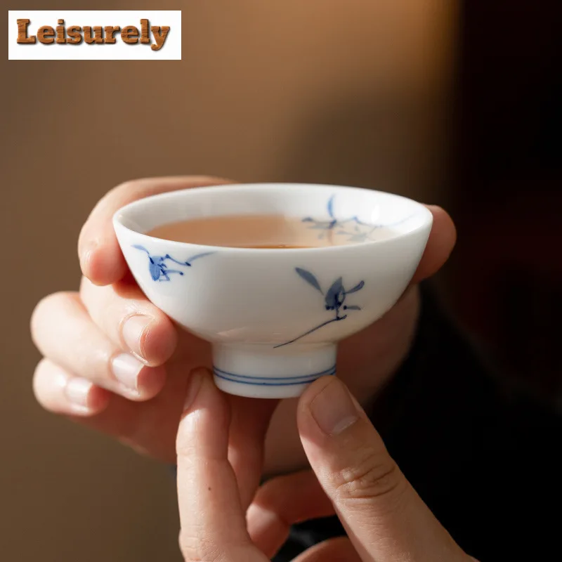 75ml Handdrawn Butterfly Orchid Round Full Cup Female White Porcelain Small Master Cup Tasting Tea Bowl Puer Chazhan Teaware