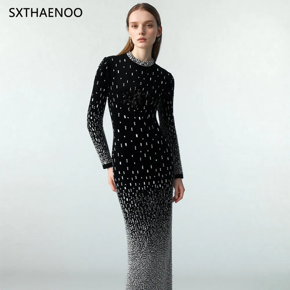 

SXTHAENOO Solid Slimming Spliced Hot Fix Dresses Women Stand Neck Long Sleeves Temperament Banquet Dresses Women Clothing 2026