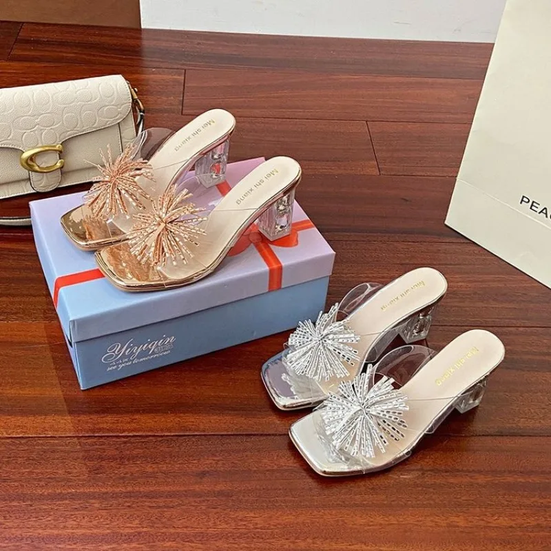 Fashion Designer Women's Rhinestone Transparent Thick Heel Slippers 2026Summer New Exquisite Women Banquet Dress Crystal Sandals