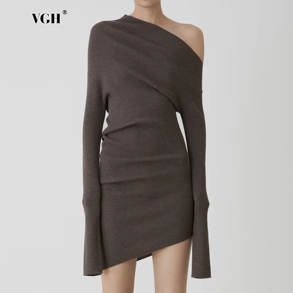 VGH Solid Sexy Slimming Backless Short Dresses For Women Diagonal Collar Long Sleeve High Waist Knit Irregular Hem Dress Female