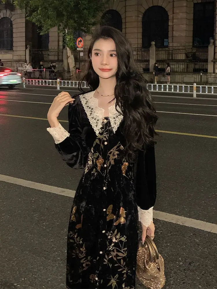 

Весенне-осеннее бархатное платье с V-образным вырезом и завышенной талией, модное ретро-платье в стиле феи, черное платье с принтом