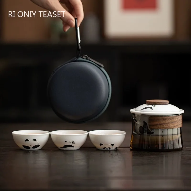 

Travel Portable Ceramic Tea Set Handmade Panda Teacup Glass Teapot Tea Water Separation Cup Chinese Teaware with Storage Bag