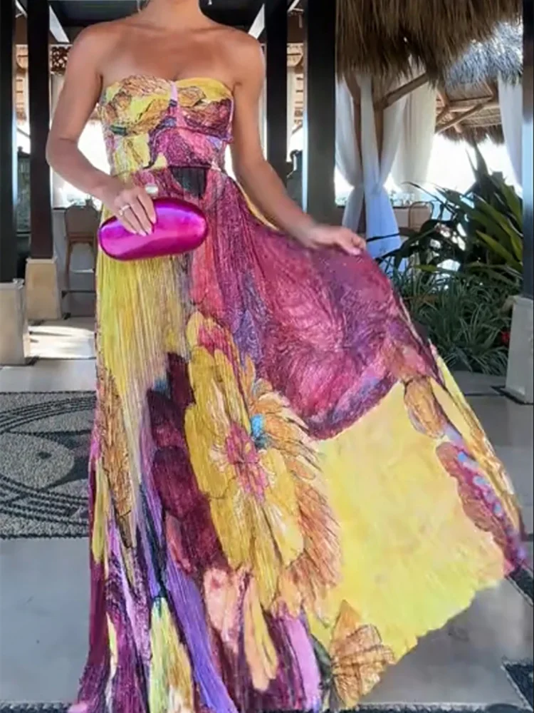 Sexy Backless Patchwork Print Maxi Dress Chic Party Women Folded Floor-Length Dress Female Casual Slim Fit Summer Beach Dresses
