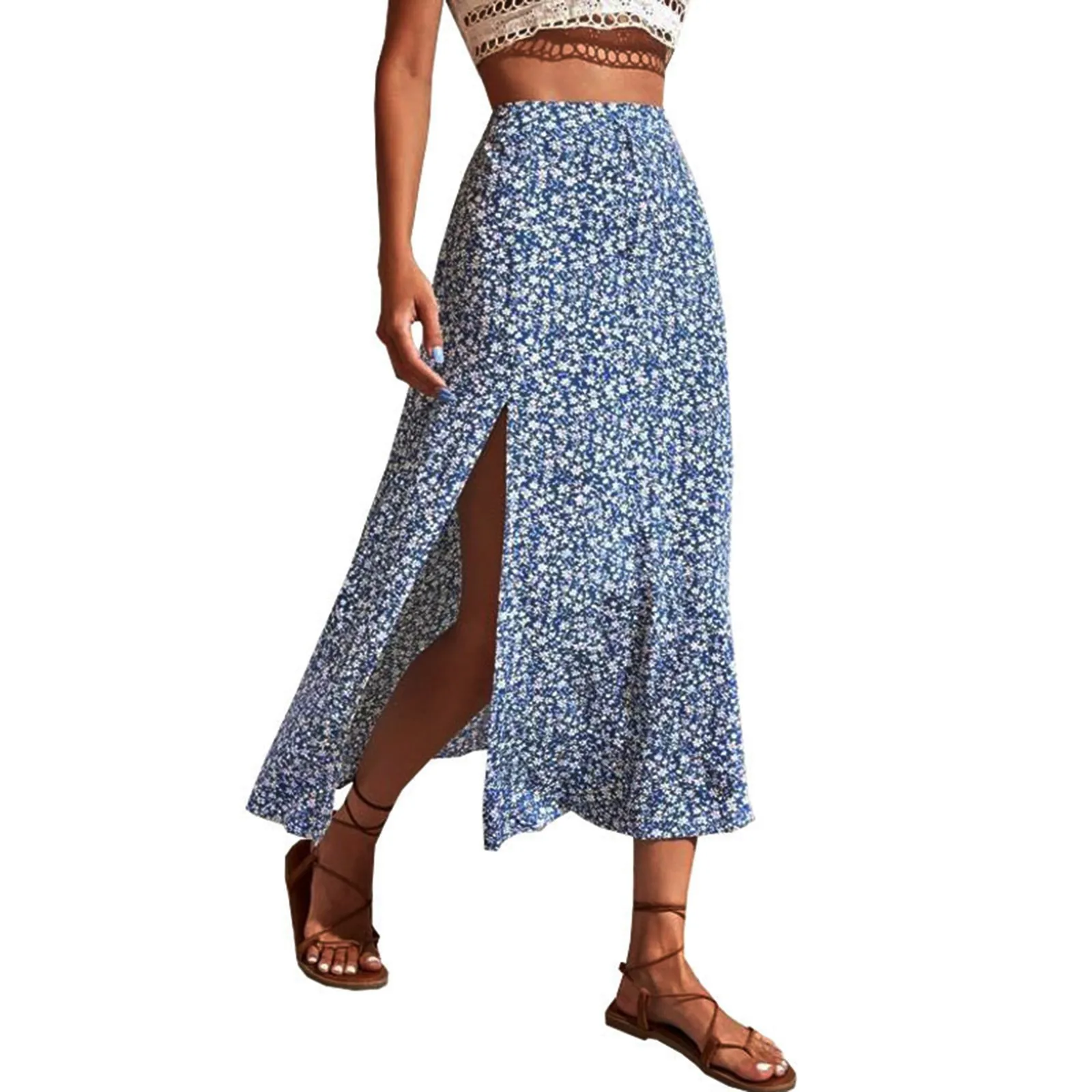 

Fashion High Split Elegant Skirt For Women High Waist Floral Print Ladies Summer Skirt Women Midi Skirt Womenswear Streetwear