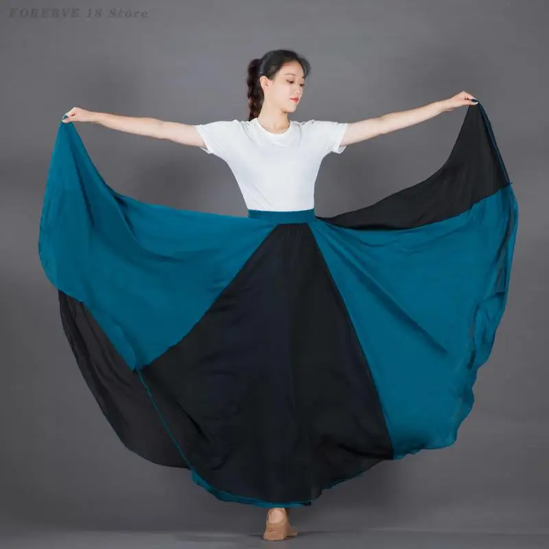 

Two Tone Splicing Large Swing Dance Skirt Satin Chiffon Skirts Xinjiang Ethnic Classical Dancing Costume Women Gypsy Clothes