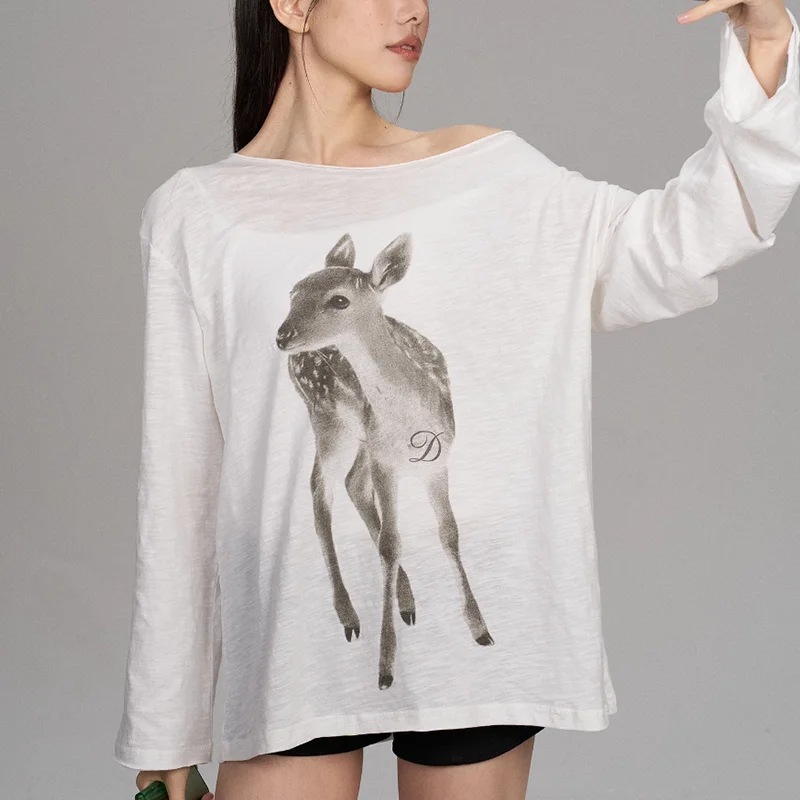 Loose Women Print Top Off Shoulder Long Sleeve T-shirt Women New Casual Transparent Lazy Tops  Fashion  Tees
